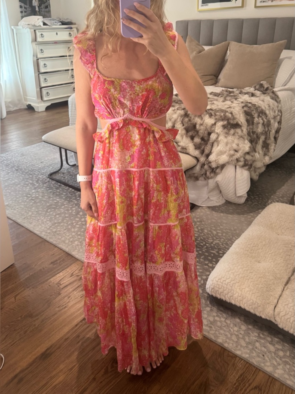 LoveShackFancy Pink Floral Open Back Ruffle Tiered Maxi Dress XS